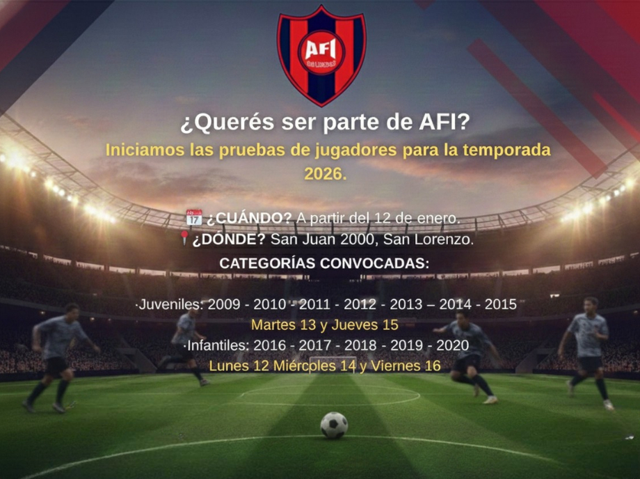 AFI inicia pruebas de jugadores para la temporada 2026 en San Lorenzo