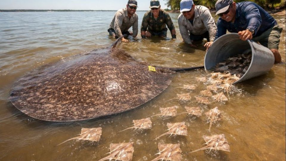 Una captura extraordinaria en el Paraná: una raya dio a luz 16 crías y fue devuelta al río